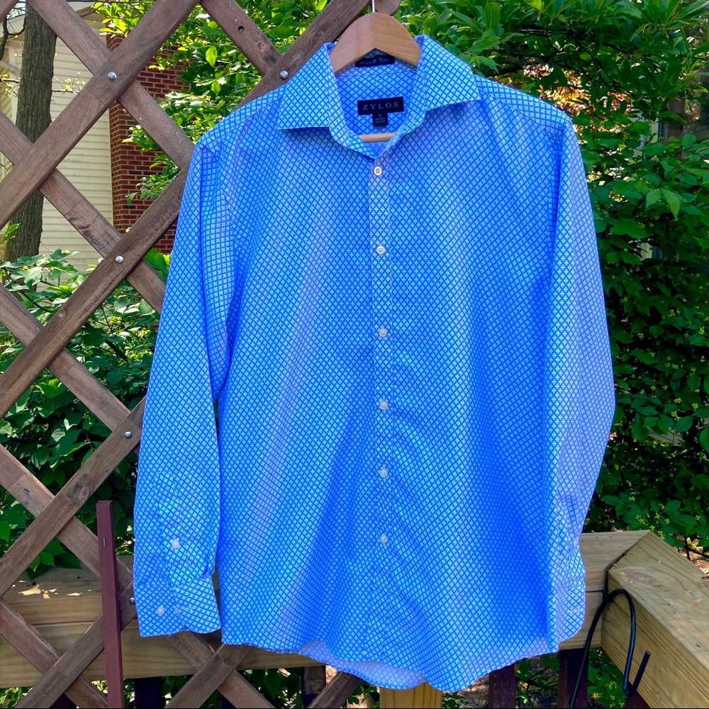 Zylos NWT mens button down dress shirt in blue/white diamond pattern size small
